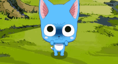 a cartoon cat with big eyes is standing in a grassy field with the words thatscalledanime visible in the corner