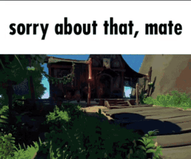 a video game scene with the words " sorry about that mate " on the bottom