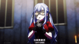 a girl with blue hair is wearing a mask and a red shirt