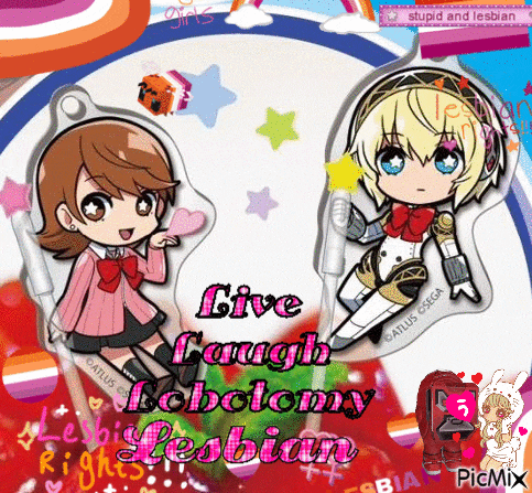 a picture of two anime girls with the words " live laugh lovetomy lesbian " on the bottom