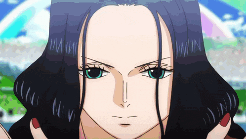 a close up of a cartoon character 's face with a blue hair