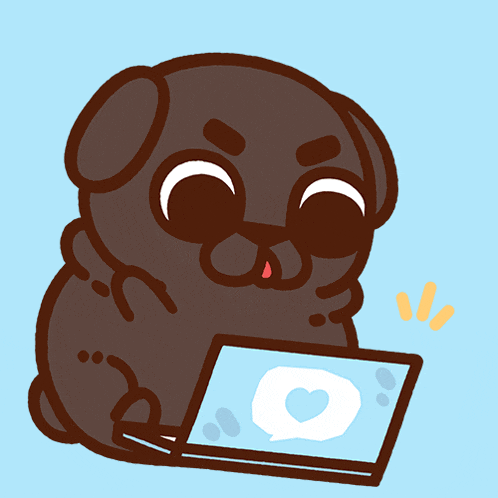 a cartoon of a pug using a laptop with a heart on it