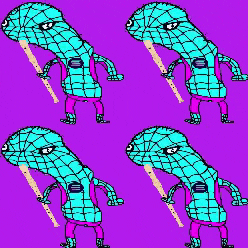 a purple background with a drawing of a spider man holding a flute