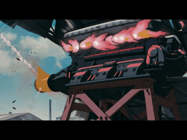 a cartoon drawing of a machine with flames coming out of it 's exhaust