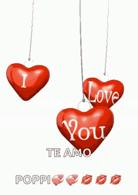 three red hearts hanging from a string with the words " i love you " on them