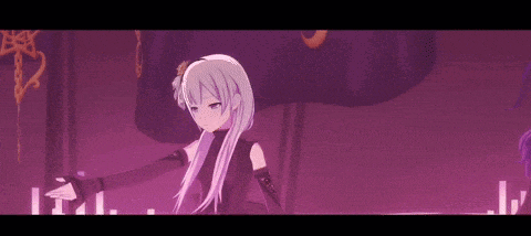 a girl with long purple hair is dancing in a dark room in a video game .