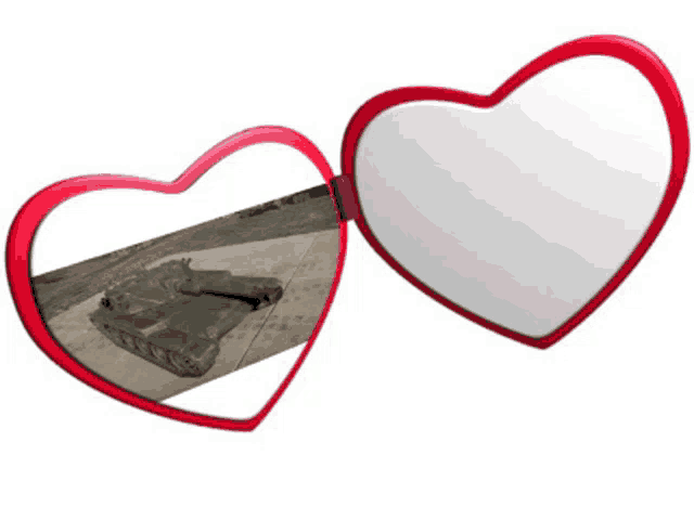 a pair of heart shaped sunglasses with a tank in the reflection