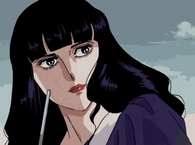a cartoon drawing of a woman with long black hair and red lips