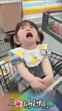 a little girl is crying in a shopping cart with the word shetta on the bottom right