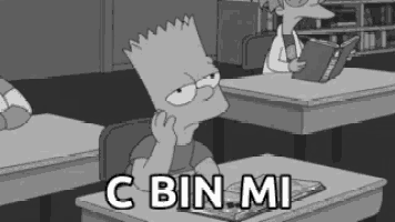 bart simpson is sitting at a desk in a classroom with the words " c bin mi " above him