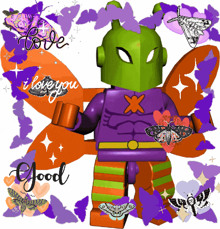 a picture of a lego superhero with purple butterflies and the words love you and good