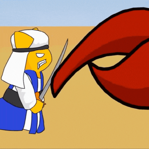 a cartoon of a man holding a sword standing next to a red object