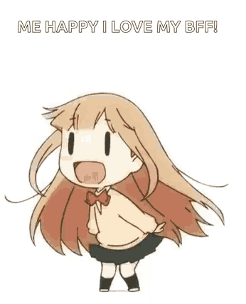 a cartoon girl is dancing and saying `` me happy i love my bff ! ''