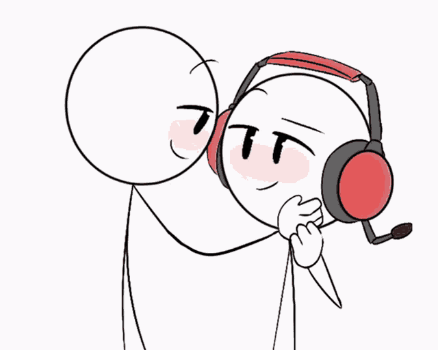 two stick figures wearing headphones are hugging each other