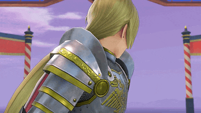 a man in armor is standing in front of a purple background