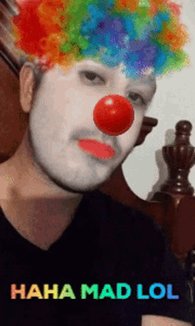 a man wearing a clown wig and red nose says haha mad lol on his shirt