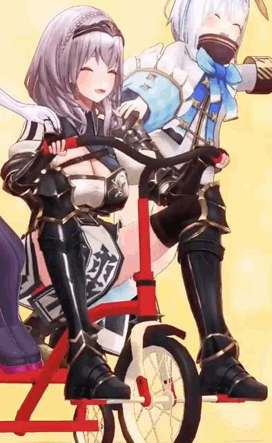 two anime girls are riding a tricycle and one is wearing a knight 's outfit