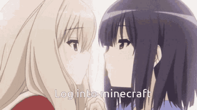two anime girls are kissing with the words log into minecraft written below them