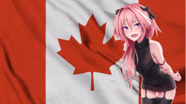 a girl with pink hair and purple eyes stands in front of a canadian flag with a maple leaf on it