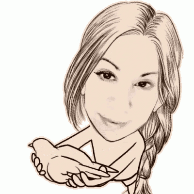 a black and white drawing of a woman holding a bird .