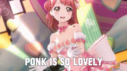 a girl in a pink dress is holding a lollipop and the words `` ponk is so lovely '' are written above her .