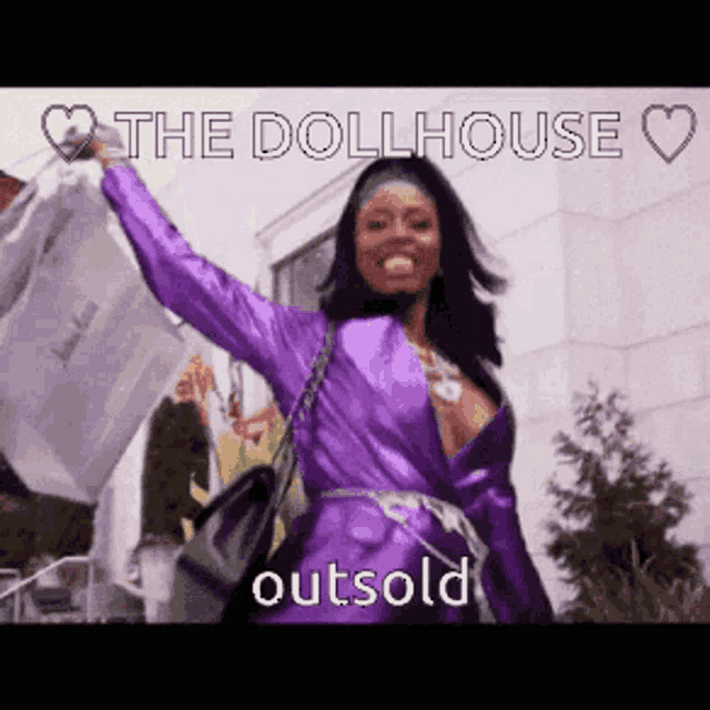 a woman in a purple dress with the words the dollhouse outsold written on the top