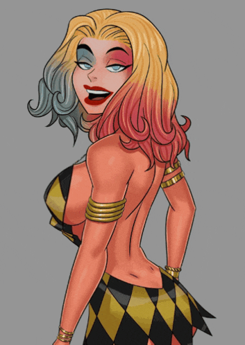 a cartoon drawing of harley quinn shows her back