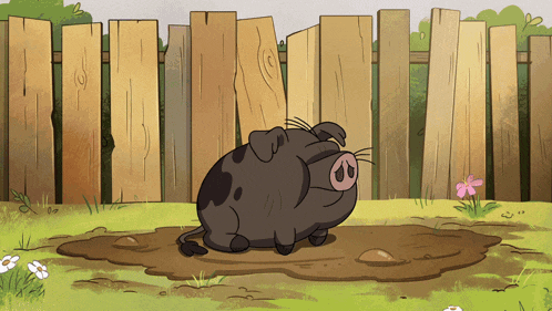 a cartoon pig is sitting in a muddy puddle in front of a fence