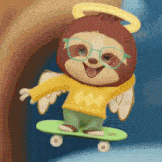 a cartoon sloth wearing glasses is riding a skateboard