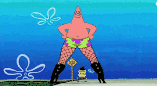 patrick star from spongebob wearing fishnet stockings