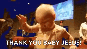 a baby is dancing in a church with the words `` thank you baby jesus '' .