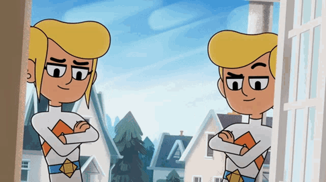 two cartoon characters are standing in front of a window with their arms crossed and one has the letter a on his chest