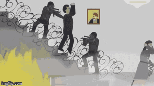 a group of people are walking up a set of stairs with a picture of a man on the wall .
