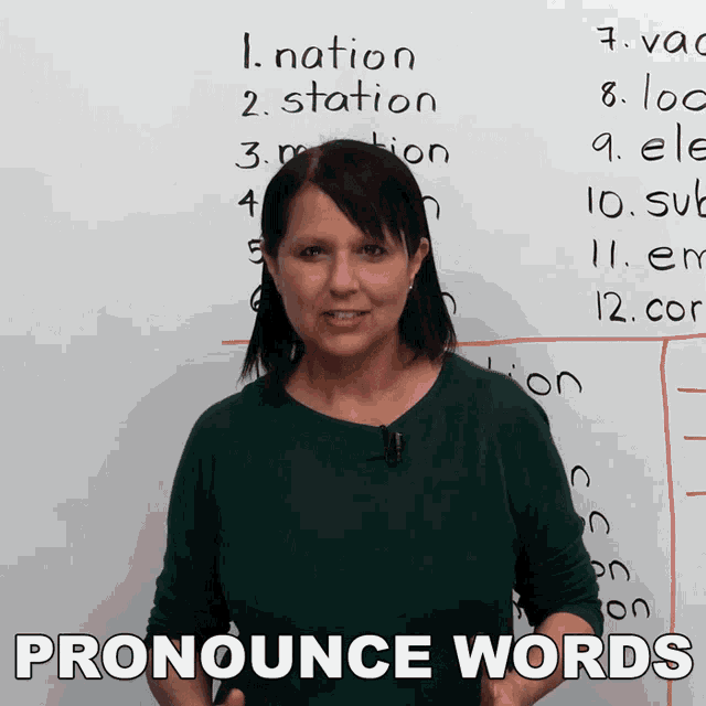 a woman stands in front of a whiteboard with the words pronounce words written on it