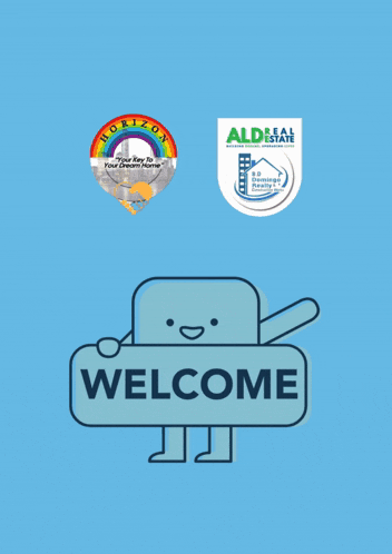 a cartoon character is holding a welcome sign in front of logos for horizon and ald real estate