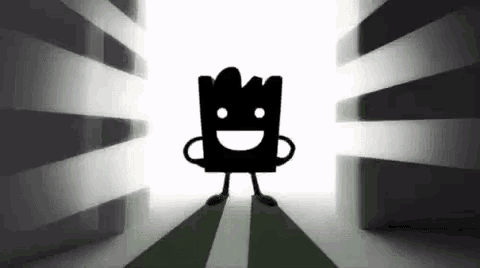 a black and white cartoon character is standing in a dark room with a light coming out of the door .