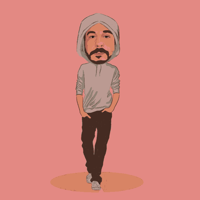 a cartoon drawing of a man wearing a grey hoodie