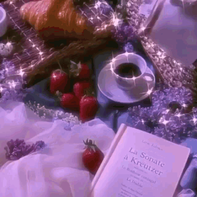 a book titled la sonate a kreutzer sits on a table next to a cup of coffee and strawberries .
