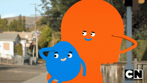 an orange cartoon character holding a blue cartoon character with the cn logo behind them