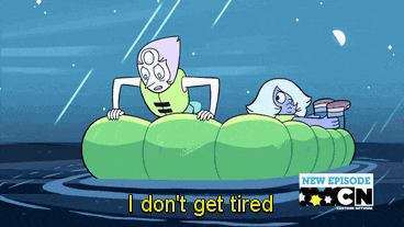 a cartoon of pearl and blue sapphire with the words i don 't get tired