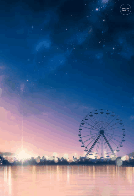 a ferris wheel in the middle of a body of water under a starry sky with the word sugar on the bottom