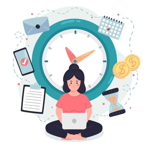 an illustration of a woman sitting in front of a clock and using a laptop