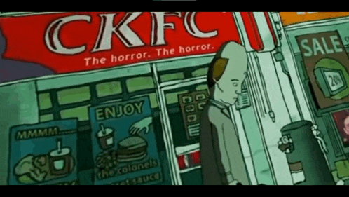 a cartoon of a man standing outside of a ckfc store