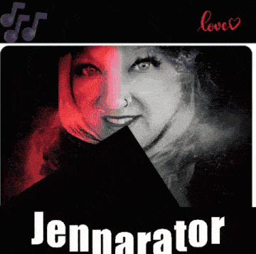 a black and white photo of a woman with the name jennaator