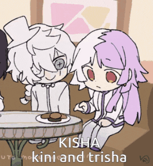 a cartoon of two girls sitting at a table with the words " kisha kini and trisha " on the bottom