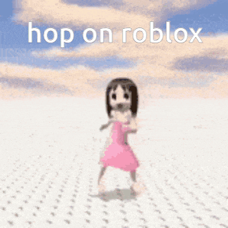 a girl in a pink dress is walking on a white surface with the words hop on roblox on the bottom