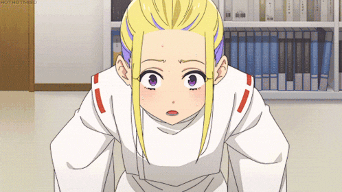 a girl with blonde hair and purple eyes is looking at something