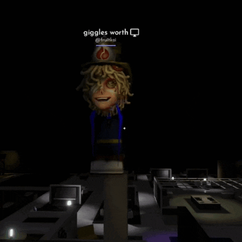 a person in a top hat is standing in a dark room and says giggles worth in the corner