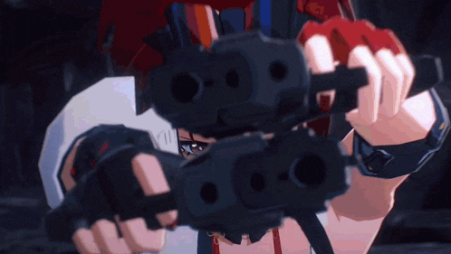 a cartoon character is holding a gun in front of his face