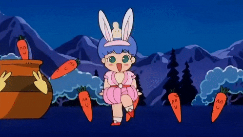 a girl with bunny ears is surrounded by carrots and a pot